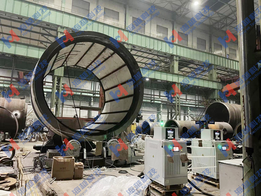 中頻感應器應用于外徑4624mm，壁厚212mm的工件熱處理。熱處理溫度620℃±14℃。